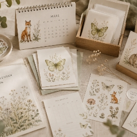 Grußkarten, Tischkalender und Papeterie mit handgemalten Schmetterlings- und Naturillustrationen von Studio Schikoko.